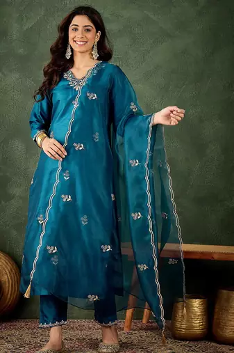 Floral embroidered silk v neck kurta trosuer & dupatta set