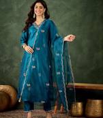 Floral embroidered silk v neck kurta trosuer & dupatta set