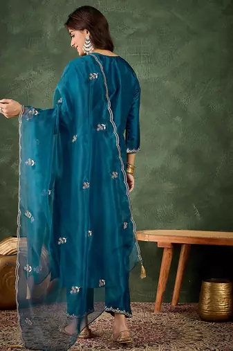 Floral embroidered silk v neck kurta trosuer & dupatta set