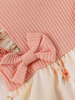 Pink floral ribbed bow fit & flare girls dress 4
