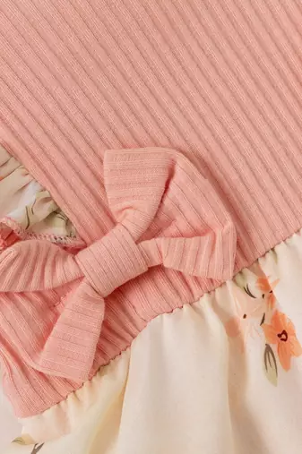 Pink floral ribbed bow fit & flare girls dress