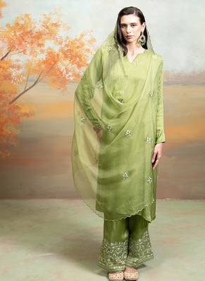 Olive green modal satin kurta set 1