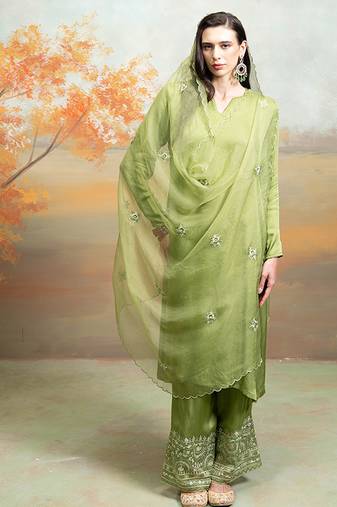 Olive green modal satin kurta set