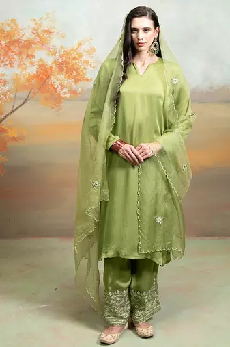Olive green modal satin kurta set