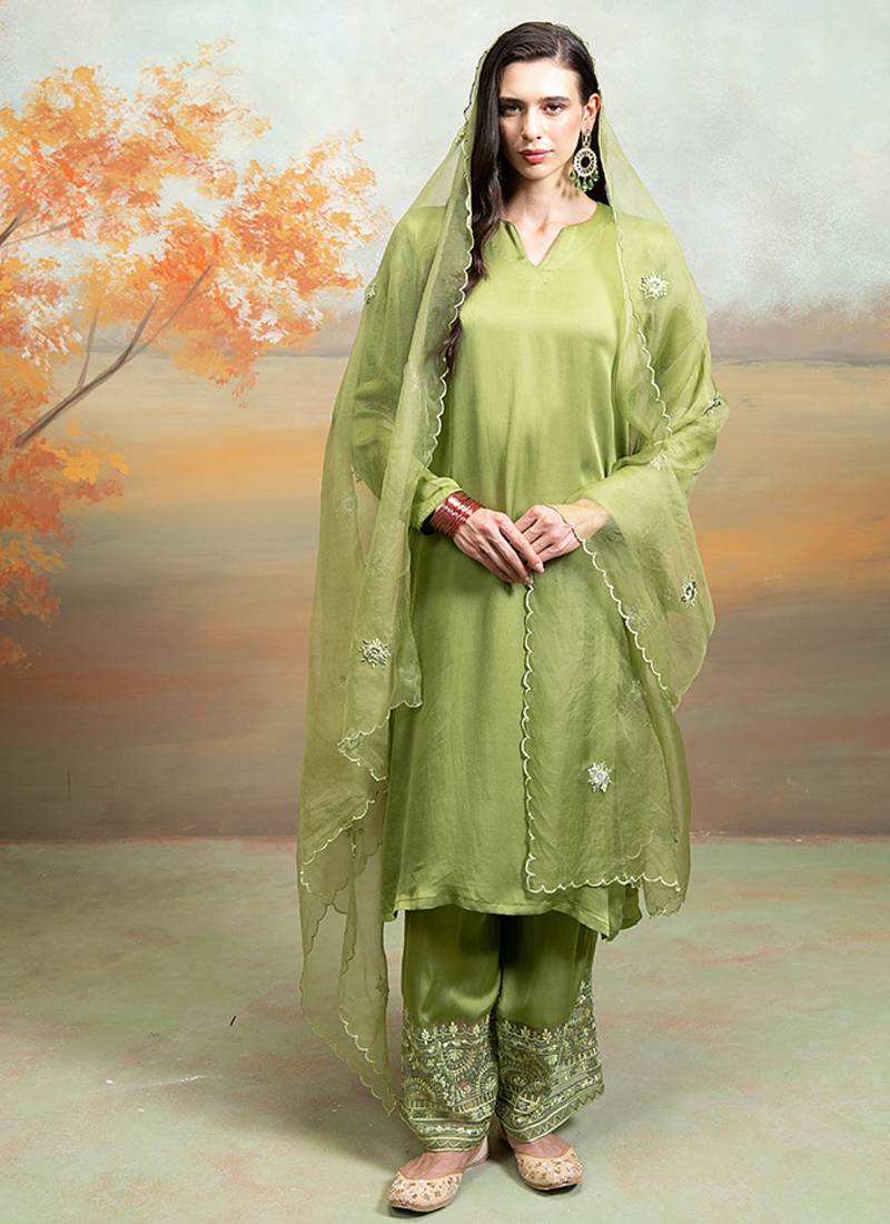 Olive green modal satin kurta set