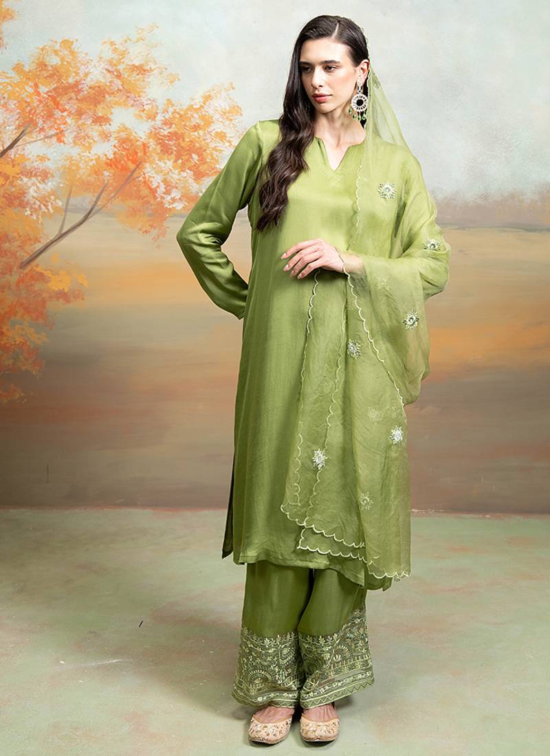 Olive green modal satin kurta set