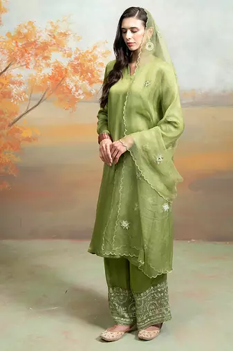 Olive green modal satin kurta set