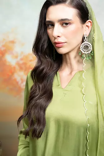 Olive green modal satin kurta set