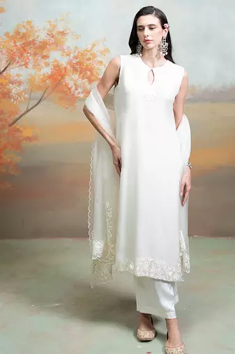 White ivory embroidered organza kurta set