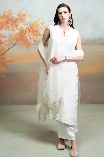 White ivory embroidered organza kurta set