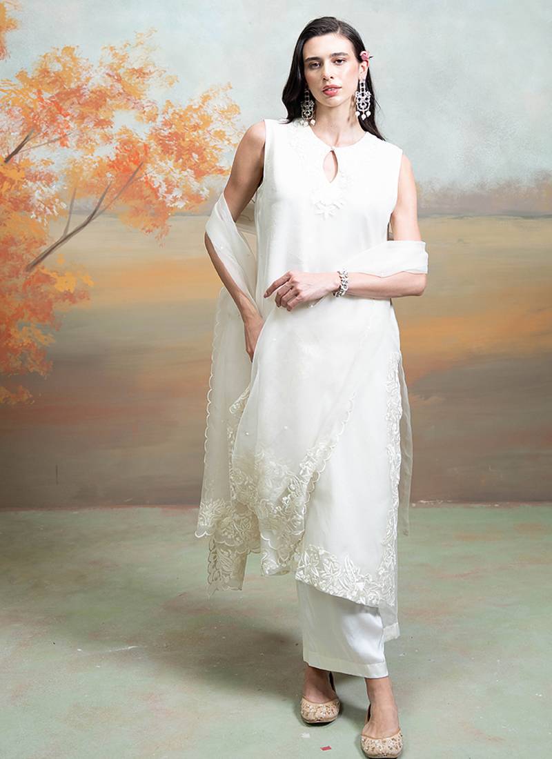 White ivory embroidered organza kurta set