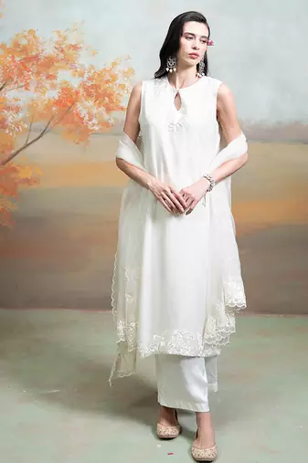 White ivory embroidered organza kurta set