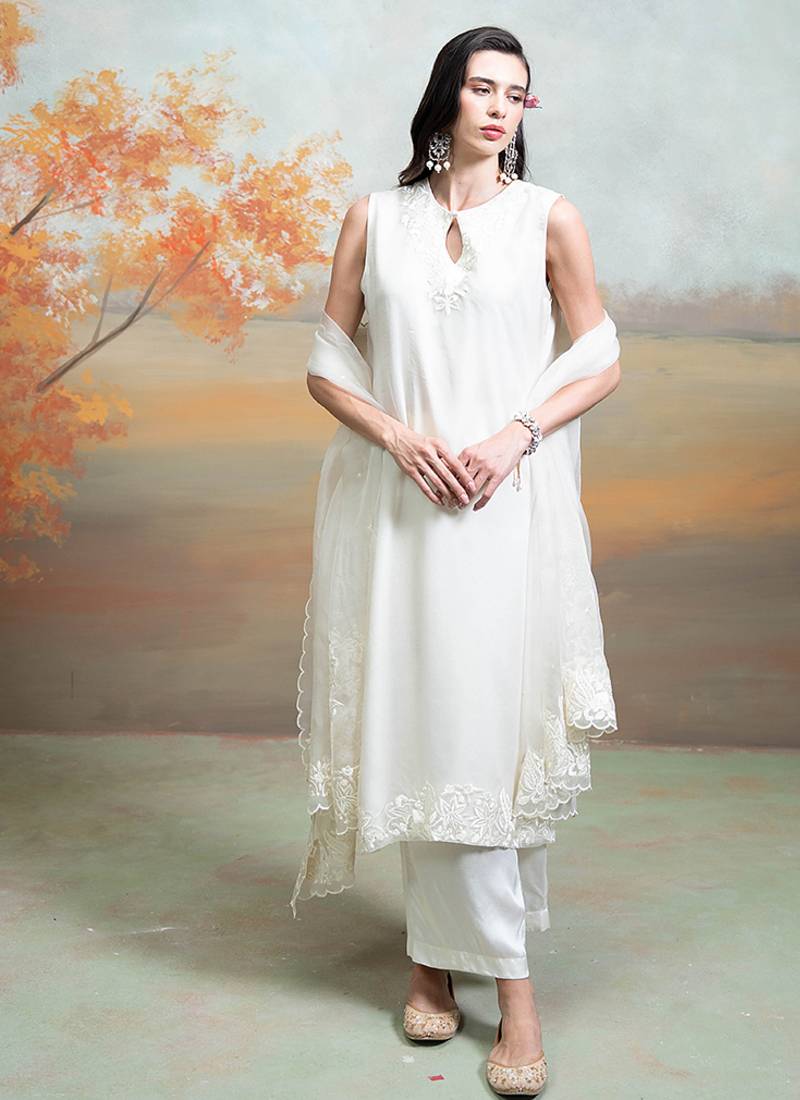 White ivory embroidered organza kurta set