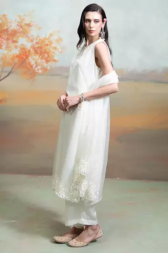 White ivory embroidered organza kurta set