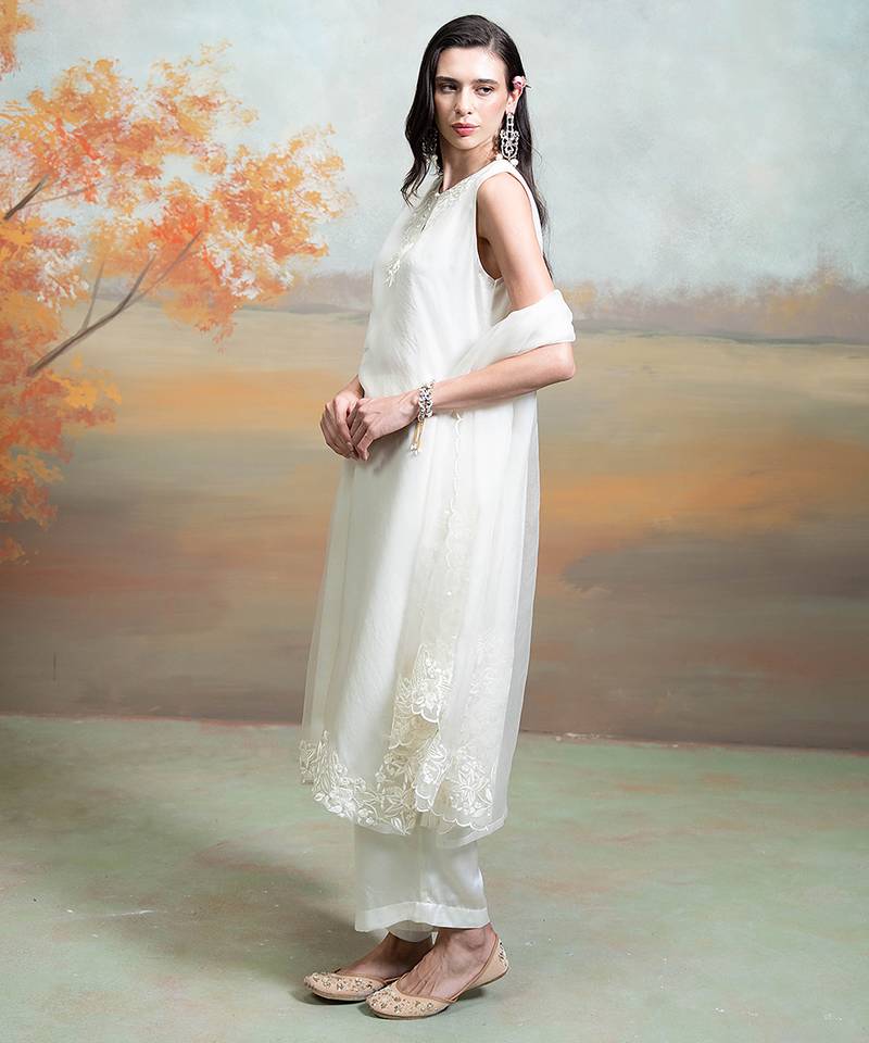 White ivory embroidered organza kurta set