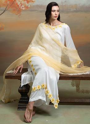 Soft ivory embroidered modal satin kurta set 1