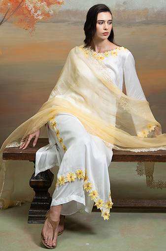 Soft ivory embroidered modal satin kurta set