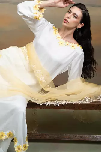 Soft ivory embroidered modal satin kurta set