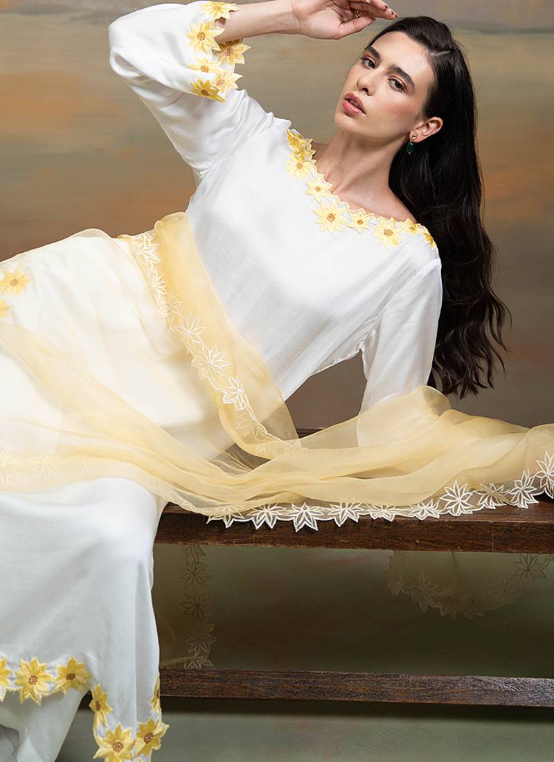 Soft ivory embroidered modal satin kurta set