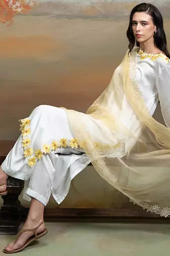 Soft ivory embroidered modal satin kurta set