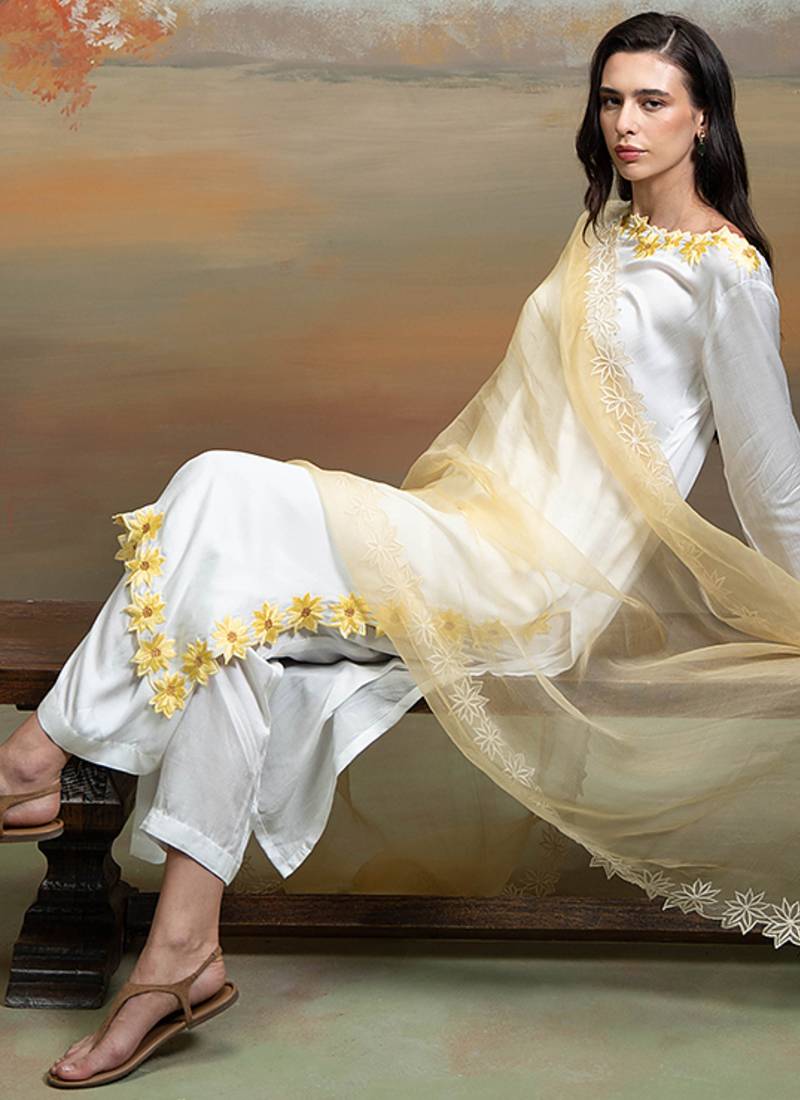 Soft ivory embroidered modal satin kurta set