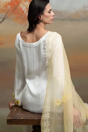 Soft ivory embroidered modal satin kurta set