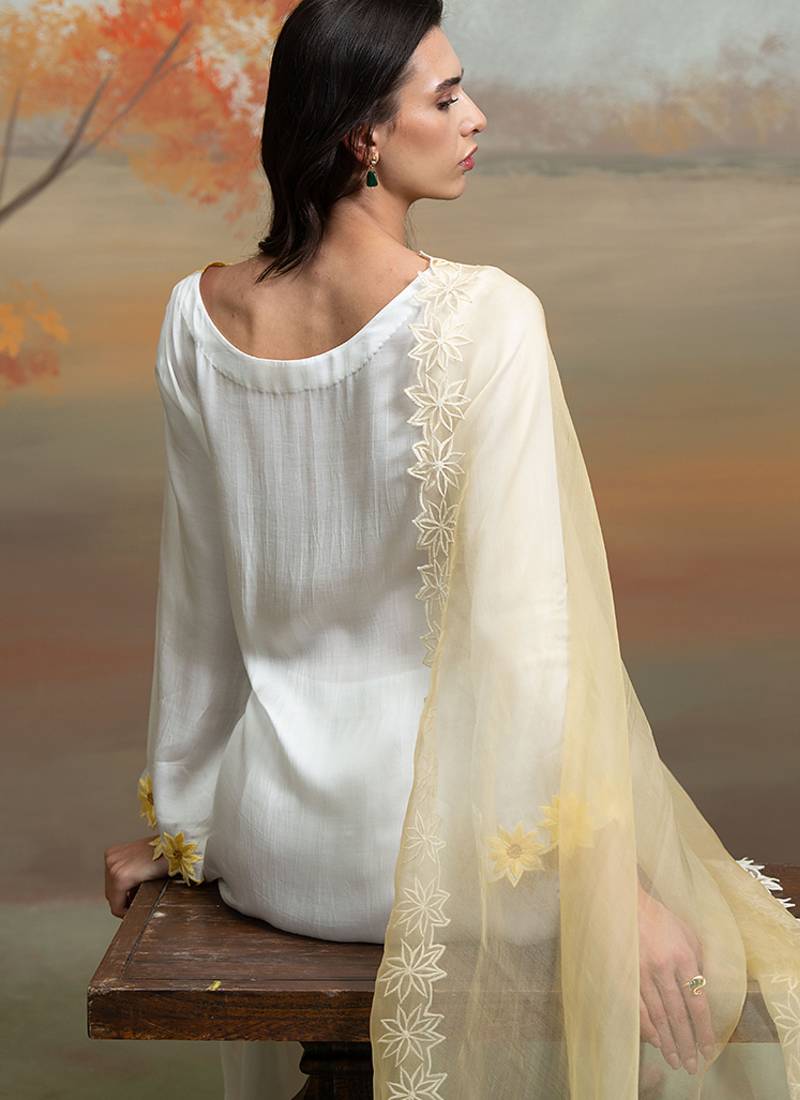 Soft ivory embroidered modal satin kurta set