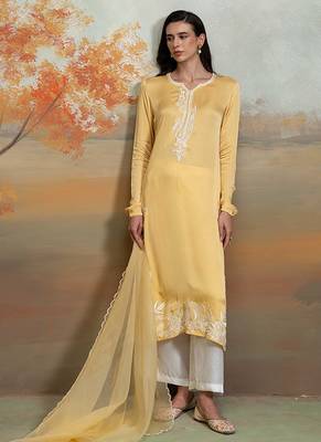 Pastel yellow embroidered modal satin kurta set 1