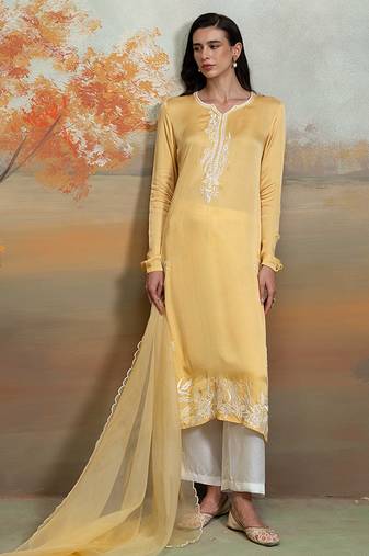 Pastel yellow embroidered modal satin kurta set
