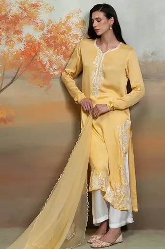 Pastel yellow embroidered modal satin kurta set