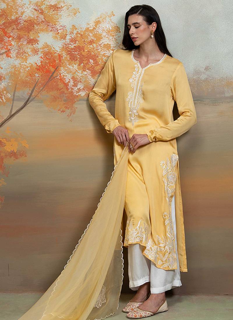Pastel yellow embroidered modal satin kurta set