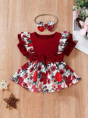 Red floral ribbed bow fit & flare girls dress 1