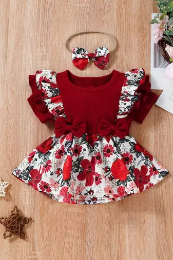 Red floral ribbed bow fit & flare girls dress