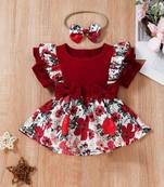 Red floral ribbed bow fit & flare girls dress