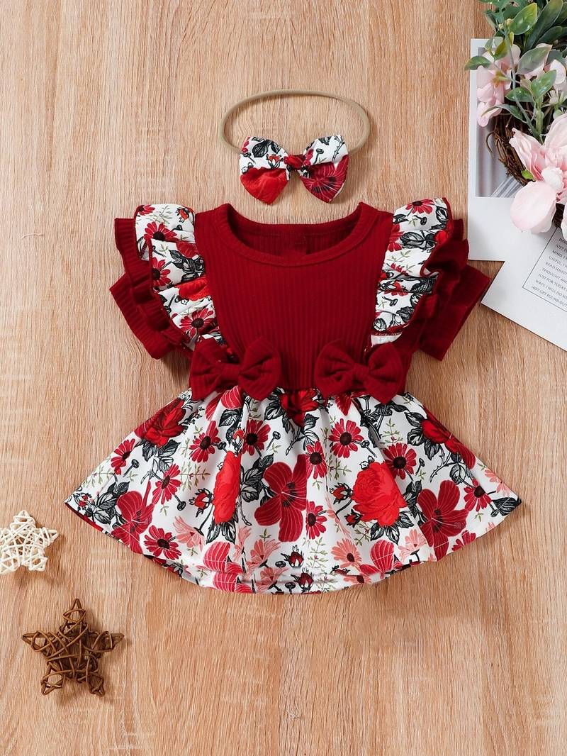 Red floral ribbed bow fit & flare girls dress
