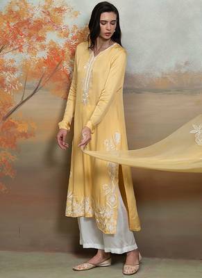 Pastel yellow embroidered modal satin kurta set 3