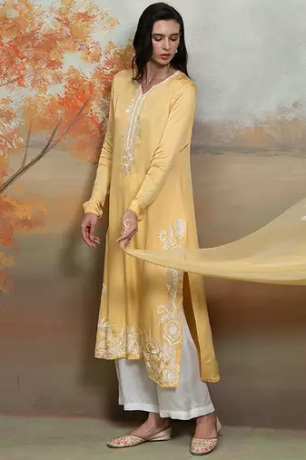 Pastel yellow embroidered modal satin kurta set