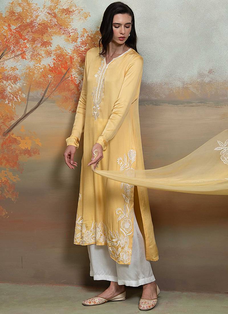 Pastel yellow embroidered modal satin kurta set