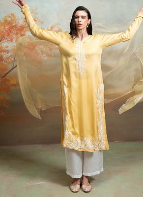 Pastel yellow embroidered modal satin kurta set 4