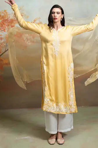 Pastel yellow embroidered modal satin kurta set