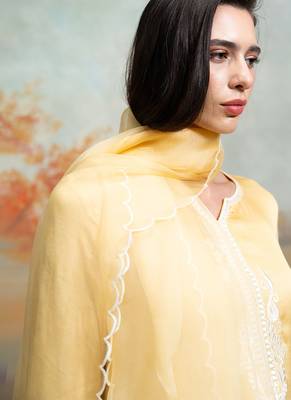 Pastel yellow embroidered modal satin kurta set 5