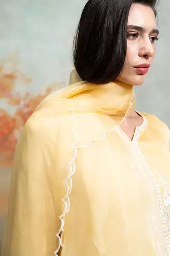 Pastel yellow embroidered modal satin kurta set