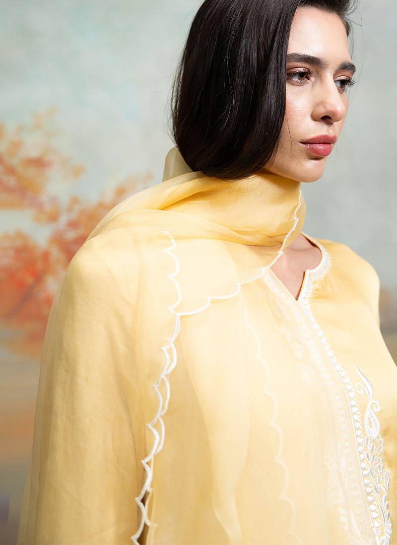 Pastel yellow embroidered modal satin kurta set
