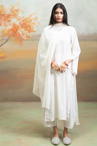 Pure white embroidered mulmul kurta set