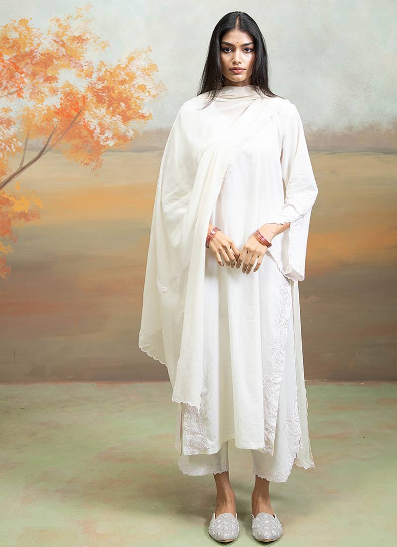 Pure white embroidered mulmul kurta set