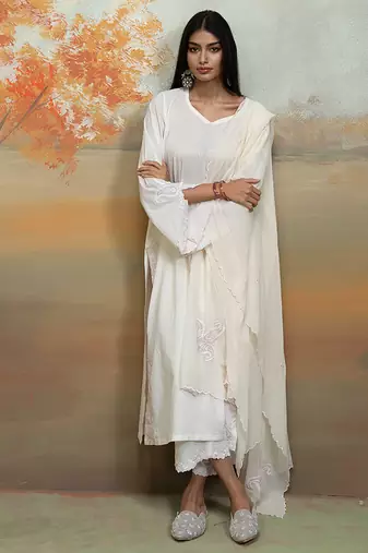 Pure white embroidered mulmul kurta set