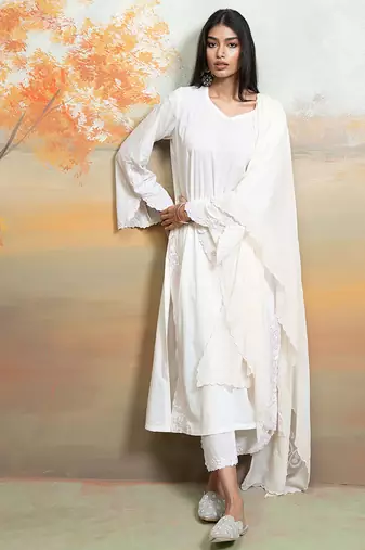 Pure white embroidered mulmul kurta set