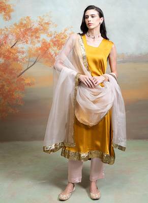 Mustard yellow lace embroidered modal satin kurta set 1