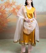 Mustard yellow lace embroidered modal satin kurta set