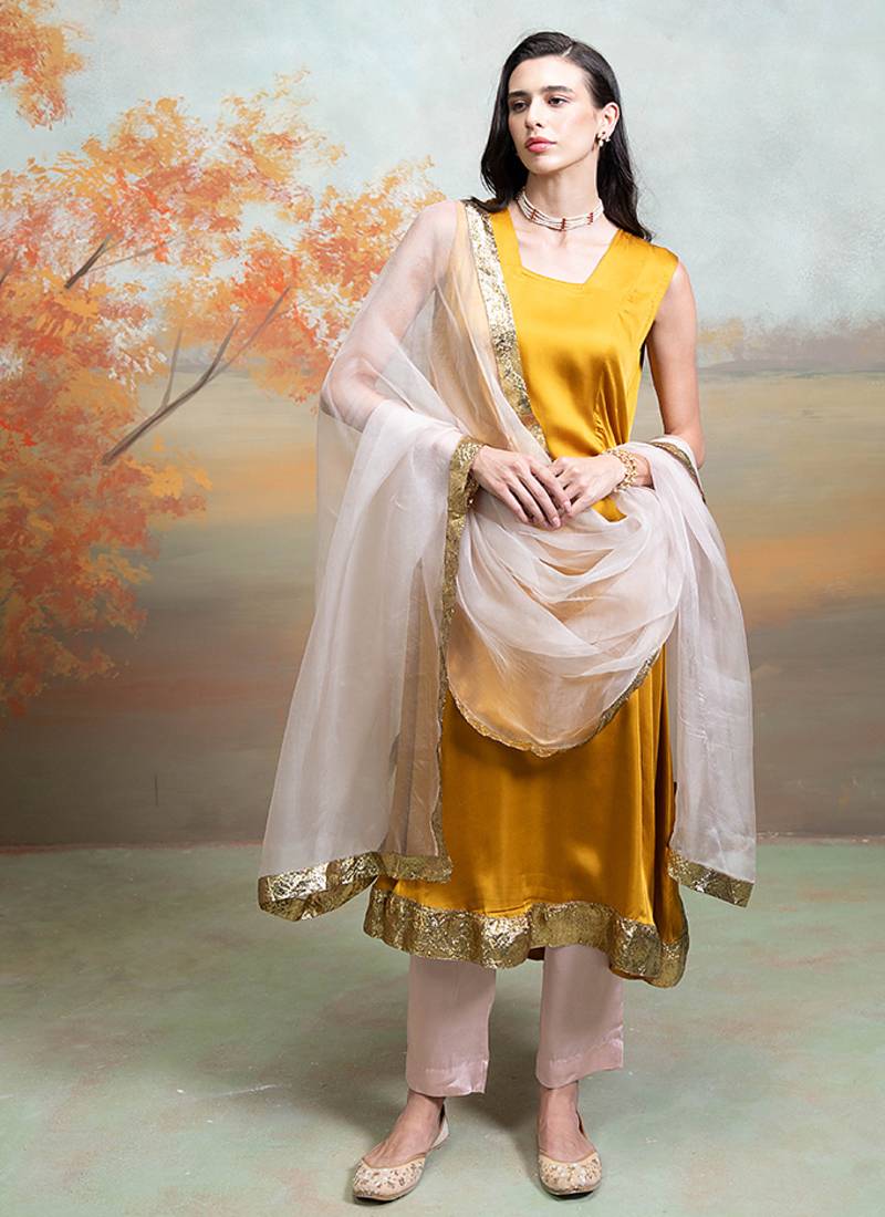 Mustard yellow lace embroidered modal satin kurta set